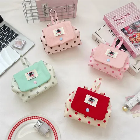 Polka Dot Contrast Color Flap Cosmetic Bag Cartoon Label Handheld Makeup Storage Bag Portable Polyester Travel Toiletry Organizer
