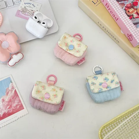 Gesteppte Blumen Mini Kopfhörertasche Kontrast Stoff Druckknopf Beutel Mit Schlüsselanhänger Haken Für Damen Kabellose Ohrhörer Hülle