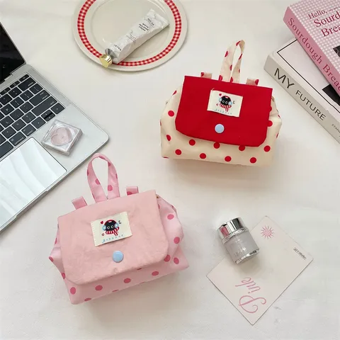 Polka Dot Contrast Color Flap Cosmetic Bag Cartoon Label Handheld Makeup Storage Bag Portable Polyester Travel Toiletry Organizer
