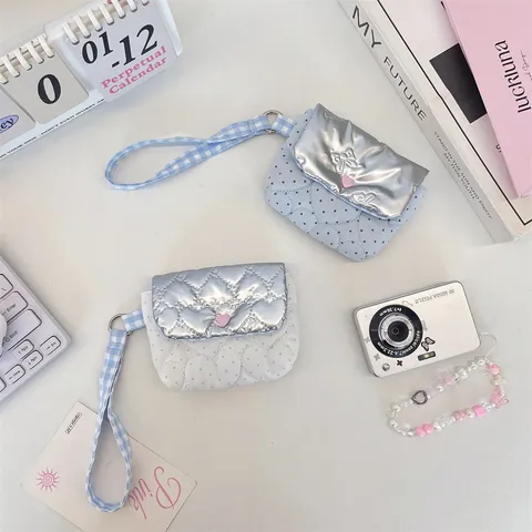 Sweet Cool Girl Polka Dot Quilted Storage Bag Heart Snap Button Small Cloth Pouch With Wrist Strap Mini Coin Accessory Pouch