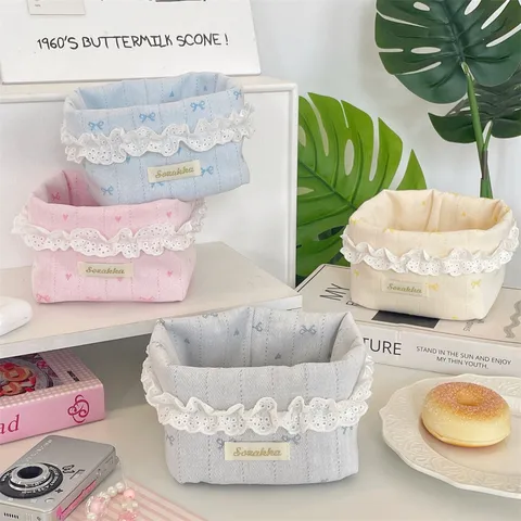 Schreibtisch Stoff Aufbewahrungskorb Rippenstruktur Behälter Organisator Mit Spitzenbesatz Schleifenstickerei Für Kosmetik Schreibwaren Halter Korb