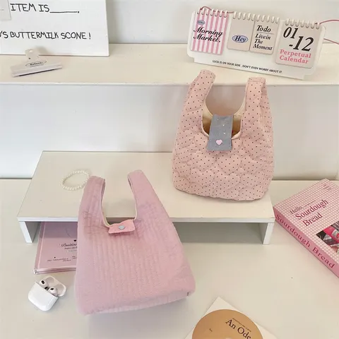 Bolso de Mano Acolchado para Mujer Bolso Tote Acolchado con Estampado de Lunares y Corazón Bolso de Muñeca Pequeño Portátil Diario de Poliéster Suave