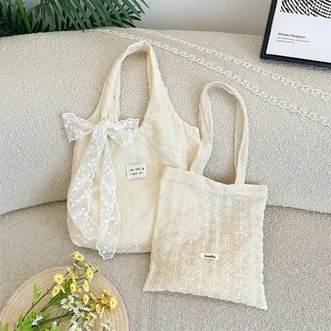 Élégant Sac Fourre-Tout en Dentelle Brodée Blanc Crème Doux Ruban Nœud Grande Capacité Sac à Épaule en Toile Pour Femmes
