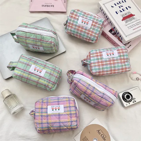 Borsa Trucco Trapuntata a Quadri Arcobaleno Pochette Portaoggetti in Tessuto Motivo a Rombi Organizzatore Viaggio per Donna 19162