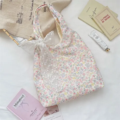 Vrouwen Zoet Kattenoor Geruit Zak Bloemen Polyester Tote Bag Dagelijks Pendelen Opslag Schoudertas Handtas Met Kant Strik