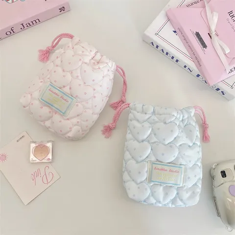 Heart Quilted Drawstring Storage Bag For Instax Camera Women Mini Cosmetics Travel Toiletry Pouch Pink Blue Polyester