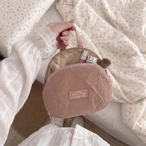 Koreanischer Stil Kontrastfarbene Einfassung Halbrunde Kosmetiktasche Tragbare Polyester Make-Up Aufbewahrungstasche Reise Kulturbeutel Mit Griff Für Damen