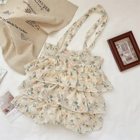 French Vintage Oil Painting Floral Shoulder Bag Ruffle Tiered Hem Tote Bag For Women Fabric Tank Vest Handbag Vacation Beach Daily Shopping Travel Purse