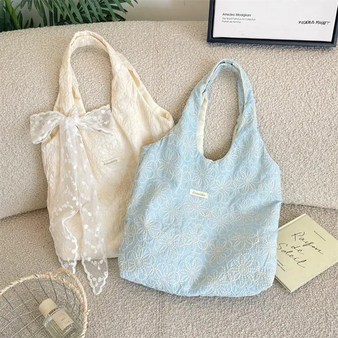 Women Textured Embroidered Canvas Shoulder Bag Lazy Style Lace Bow Tote Bag For Students Travel Daily Use Handbag