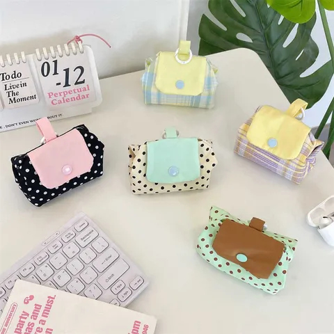 Fresh Polka Dot Grid Patchwork Earphone Storage Bag Small Cloth Snap Button Pouch Portable Mini Purse For Women Students