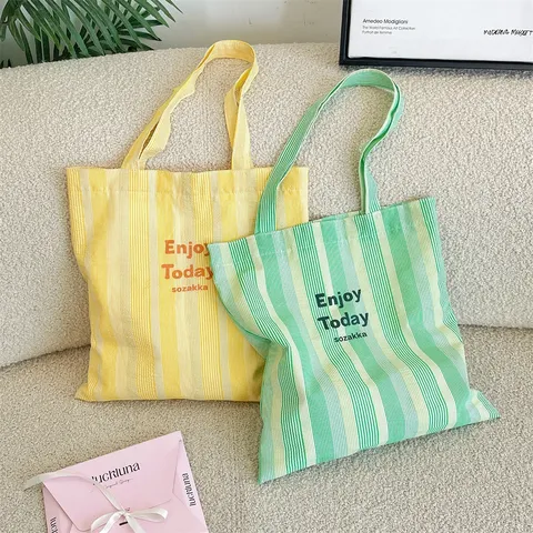 Lässige Strukturierte Polyester Tote Bag Für Damen Vertikale Streifen Druck Canvas Stil Große Kapazität Umhängetasche Studenten Reiseausflug Offene Oberseite Handtasche