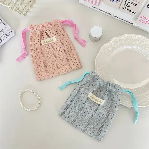 Sac Cosmétique en Dentelle Ajourée avec Cordon pour Femmes Organisateur de Produits de Soin Maquillage Voyage Pochette Souple