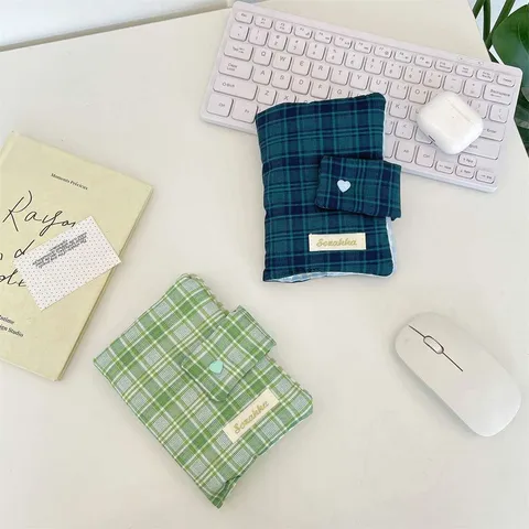 Fresh Plaid Fabric Notebook Cover Stationery Storage Bag With Snap Button Polyester Student Journal Protector Pouch Daily Organizer