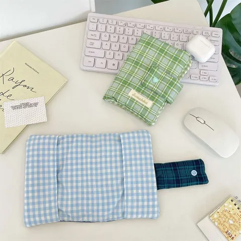 Fresh Plaid Fabric Notebook Cover Stationery Storage Bag With Snap Button Polyester Student Journal Protector Pouch Daily Organizer