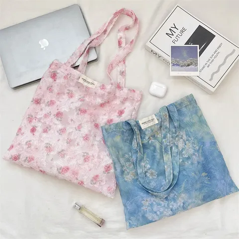 Japanese Style Floral 3D Flocking Tote Bag Women Oil Painting Pattern Shoulder Bag Casual Travel Handbag For Women