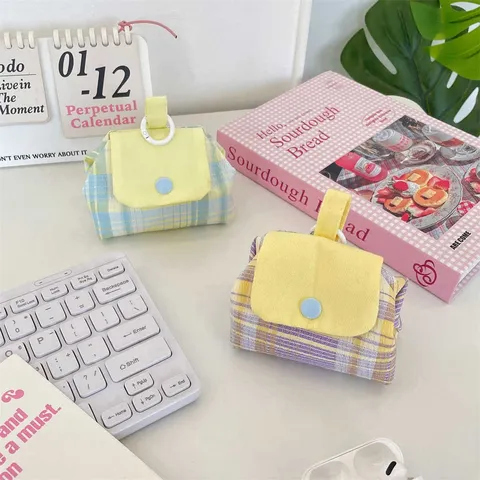 Fresh Polka Dot Grid Patchwork Earphone Storage Bag Small Cloth Snap Button Pouch Portable Mini Purse For Women Students