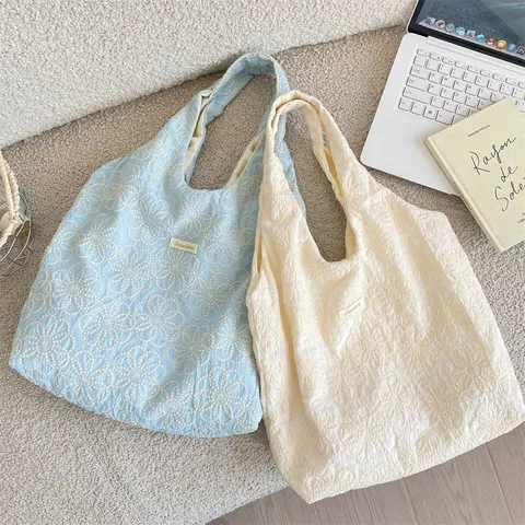 Women Textured Embroidered Canvas Shoulder Bag Lazy Style Lace Bow Tote Bag For Students Travel Daily Use Handbag
