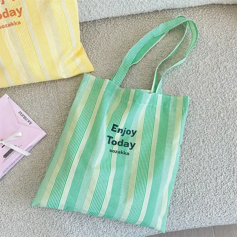 Lässige Strukturierte Polyester Tote Bag Für Damen Vertikale Streifen Druck Canvas Stil Große Kapazität Umhängetasche Studenten Reiseausflug Offene Oberseite Handtasche