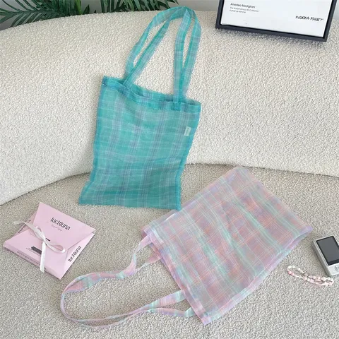 Lässige Gradient Kariert Organza Unterarmtasche Transparente Große Kapazität Tote Bag Für Damen Alltag Pendeln Schule Umhängetasche