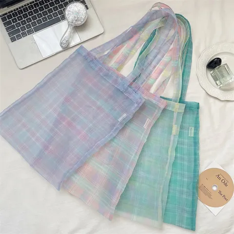 Lässige Gradient Kariert Organza Unterarmtasche Transparente Große Kapazität Tote Bag Für Damen Alltag Pendeln Schule Umhängetasche