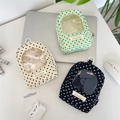Polka Dot Doll Storage Bag Clear Display Pouch With Zipper Mini Backpack Style Plush Toy Protector Hanging Bag For Travel Daily