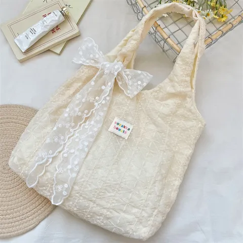 Élégant Sac Fourre-Tout en Dentelle Brodée Blanc Crème Doux Ruban Nœud Grande Capacité Sac à Épaule en Toile Pour Femmes