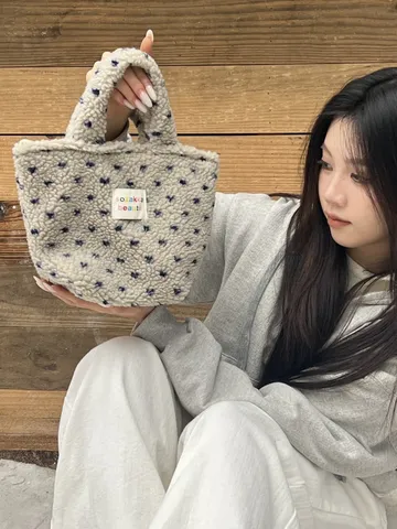 Lindo Bolso de Mano de Felpa para Mujer Bolso Tote Pequeño de Invierno Estilo Coreano de Lana de Cordero Sintética Estampado de Corazón Girasol