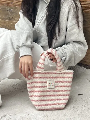 Lindo Bolso de Mano de Felpa para Mujer Bolso Tote Pequeño de Invierno Estilo Coreano de Lana de Cordero Sintética Estampado de Corazón Girasol