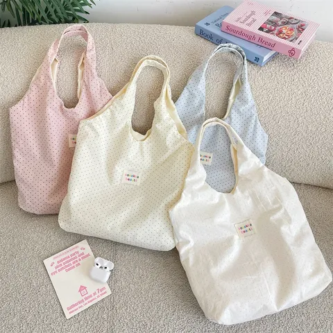 Women Lazy Style Polka Dot Canvas Tote Bag Polyester Foldable Shoulder Bag For Student Travel Shopping Large Capacity Handbag