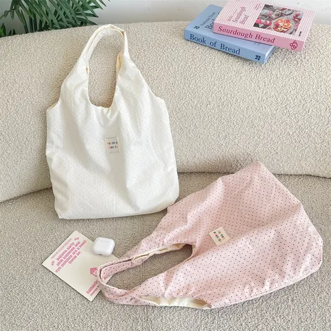Women Lazy Style Polka Dot Canvas Tote Bag Polyester Foldable Shoulder Bag For Student Travel Shopping Large Capacity Handbag
