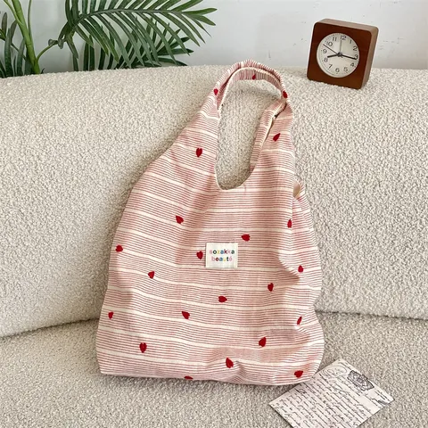 Damen Große Kapazität Herz Bestickt Gestreift Shopper Tasche Girly Spitzenschleife Schule Schultertasche Süße Japanische Handtasche