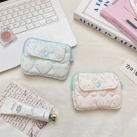 Portable Quilted Card Holder Mini Wallet With Button Heart Star Pattern Polyester Women Coin Purse Small Storage Pouch Case