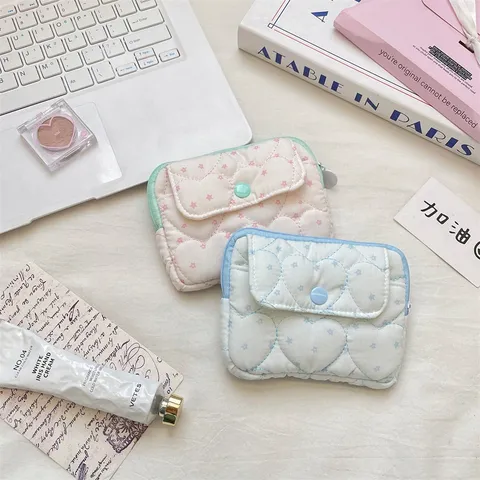 Portable Quilted Card Holder Mini Wallet With Button Heart Star Pattern Polyester Women Coin Purse Small Storage Pouch Case