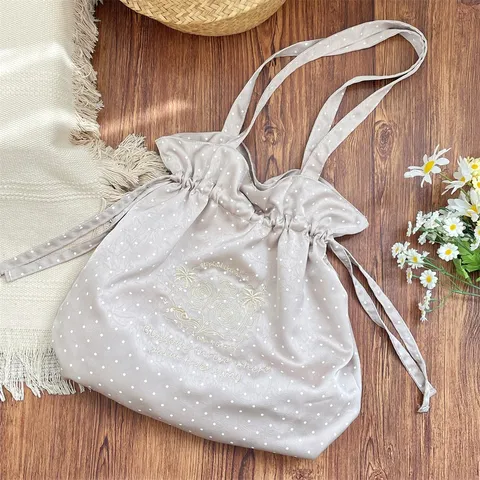 Bolso de Hombro de Satén de Lunares Con Bordado Floral Estilo Coreano Relajado Bolso Tote Con Cordón Para Mujer Estudiante