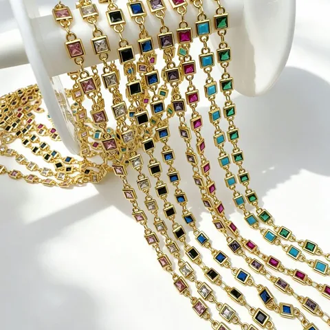 Copper Gold Plated Square Cubic Zirconia Chain For DIY Necklace Bracelet Making Jewelry Finding Semi-Finished Accessories