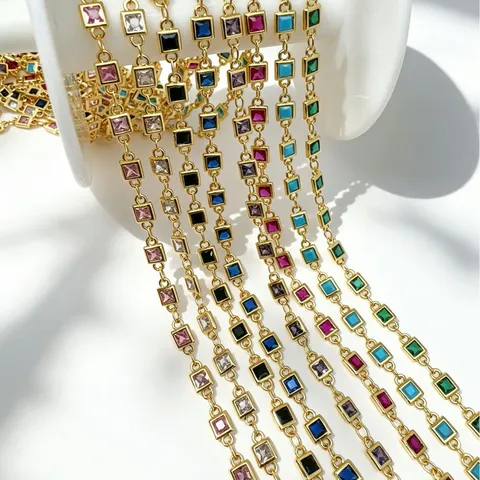 Copper Gold Plated Square Cubic Zirconia Chain For DIY Necklace Bracelet Making Jewelry Finding Semi-Finished Accessories
