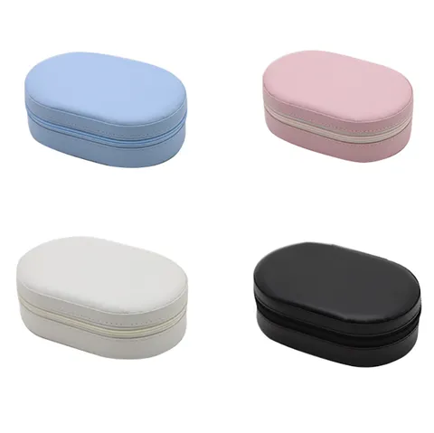 Oval PU Leather Jewelry Box Portable Travel Jewelry Organizer For Rings Earrings Necklaces Zippered Small Jewelry Storage Case