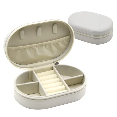 Oval PU Leather Jewelry Box Portable Travel Jewelry Organizer For Rings Earrings Necklaces Zippered Small Jewelry Storage Case