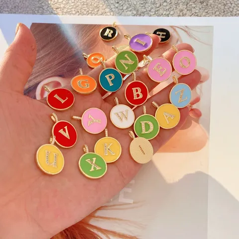 Alphabet Buchstabe Runder Anhänger Emaille Tropföl Charms Für DIY Armband Halskette Herstellung Kupfer Vergoldet Strass Zubehör Schmuckzubehör