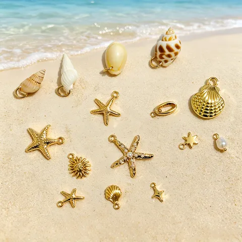 Ocean Theme DIY Jewelry Making Pendants Gold Plated Zinc Alloy Starfish Sea Shell Artificial Pearl Sun Charms For Bracelet Necklace