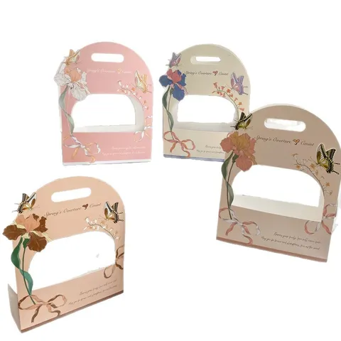 Vintage Cardboard Handheld Flower Packaging Gift Box Hollow Out Butterfly Iris Pattern Portable Floral Bouquet Wrap Material For Teachers Day DIY Craft Festival Party Supply