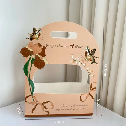 Vintage Cardboard Handheld Flower Packaging Gift Box Hollow Out Butterfly Iris Pattern Portable Floral Bouquet Wrap Material For Teachers Day DIY Craft Festival Party Supply