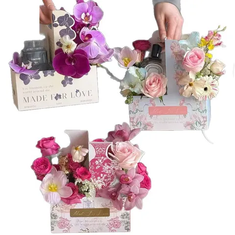 Handheld Flower Packaging Box Kraft Paper Milk Tea Coffee Carrier Gift Box For Teacher Mother's Day DIY Floral Supplies