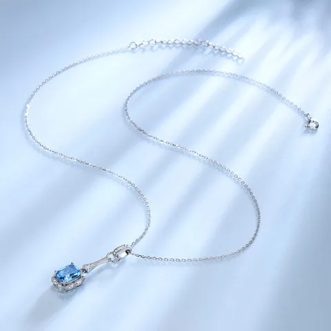 S925 Sterling Silver Rectangle Blue Topaz Pendant Necklace For Women AAA Zirconia Geometric Inlaid Luxury Jewelry Gift