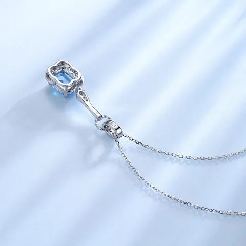 S925 Sterling Silver Rectangle Blue Topaz Pendant Necklace For Women AAA Zirconia Geometric Inlaid Luxury Jewelry Gift