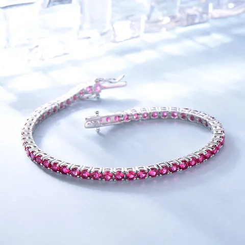 S925 Sterlingsilber Tennis Armband Für Damen Rund Rot Synthetischer Rubin Edelstein Eingelegt Voll Strass Glitzernde Handgelenkskette Modeschmuck Geschenk