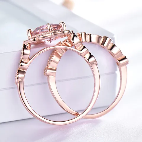 925 Sterling Silber Rosa Morganit Vintage Stapelbar Ring Für Damen Luxus Strass Doppelschicht Hochzeit Schmuck Verlobungsring