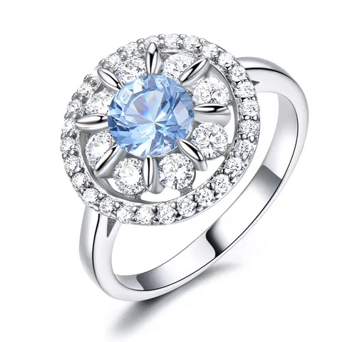 925 Sterlingsilber Blumenring Für Damen Rund Lila Blau Rosa Strass Eingelegt Doppel Halo Galvanisiert Mode Schmuck Party Geschenk