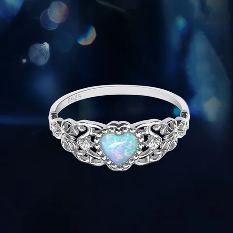 S925 Sterling Silber Herzform Regenbogen Opal Ring Retro Perlen Blumen Zargenfassung Vintage Ring Für Damen Hochzeit Schmuck