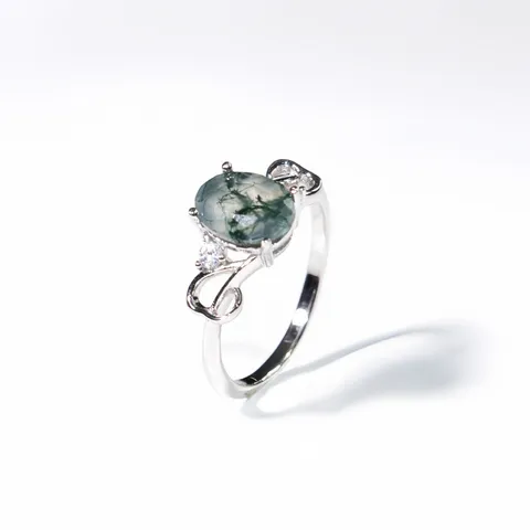 Vintage 925 Sterlingsilber Moosachat Ring Für Damen Hohl Design Cabochon Schliff Vier-Krallen Strass Schmuck Fingerring